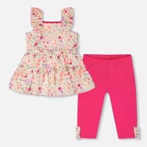Tunic And Organic Cotton Capri Set Off White Printed Flowers And Pink