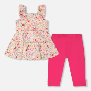 Tunic And Organic Cotton Capri Set Off White Printed Flowers And Pink - Image 3