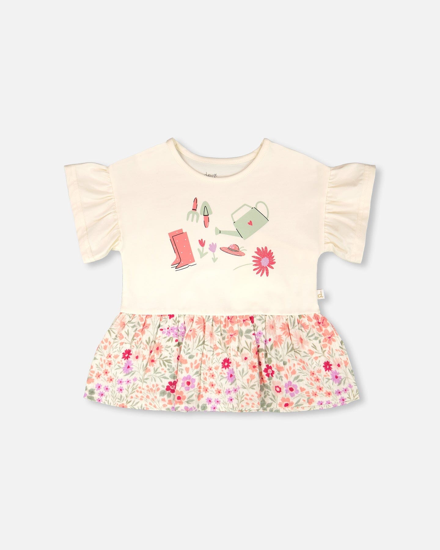Organic Cotton Bi-Material Tunic Beige Flowers Print - Image 7