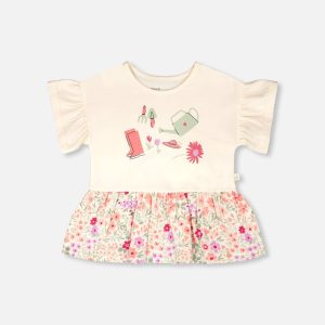 Organic Cotton Bi-Material Tunic Beige Flowers Print
