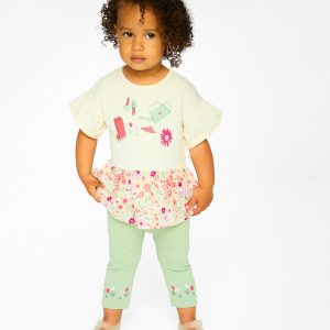 Organic Cotton Bi-Material Tunic Beige Flowers Print - Image 3