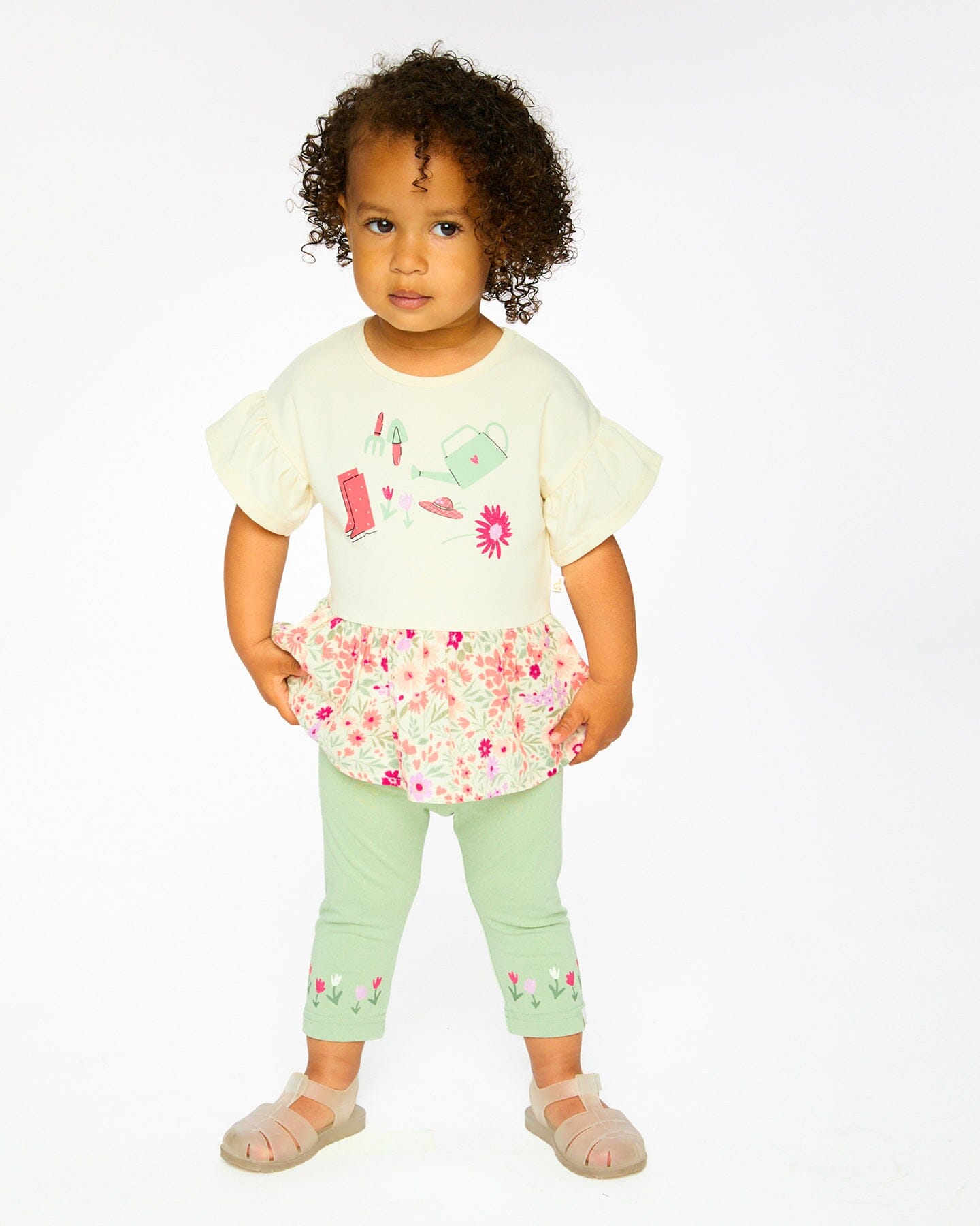 Organic Cotton Bi-Material Tunic Beige Flowers Print - Image 3