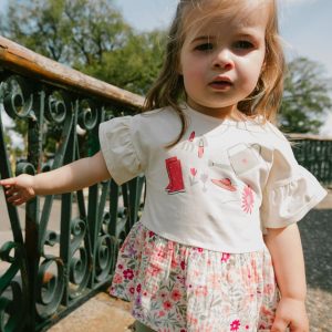 Organic Cotton Bi-Material Tunic Beige Flowers Print - Image 2
