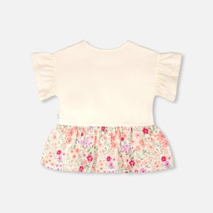 Organic Cotton Bi-Material Tunic Beige Flowers Print - Image 4