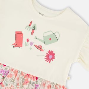Organic Cotton Bi-Material Tunic Beige Flowers Print - Image 5
