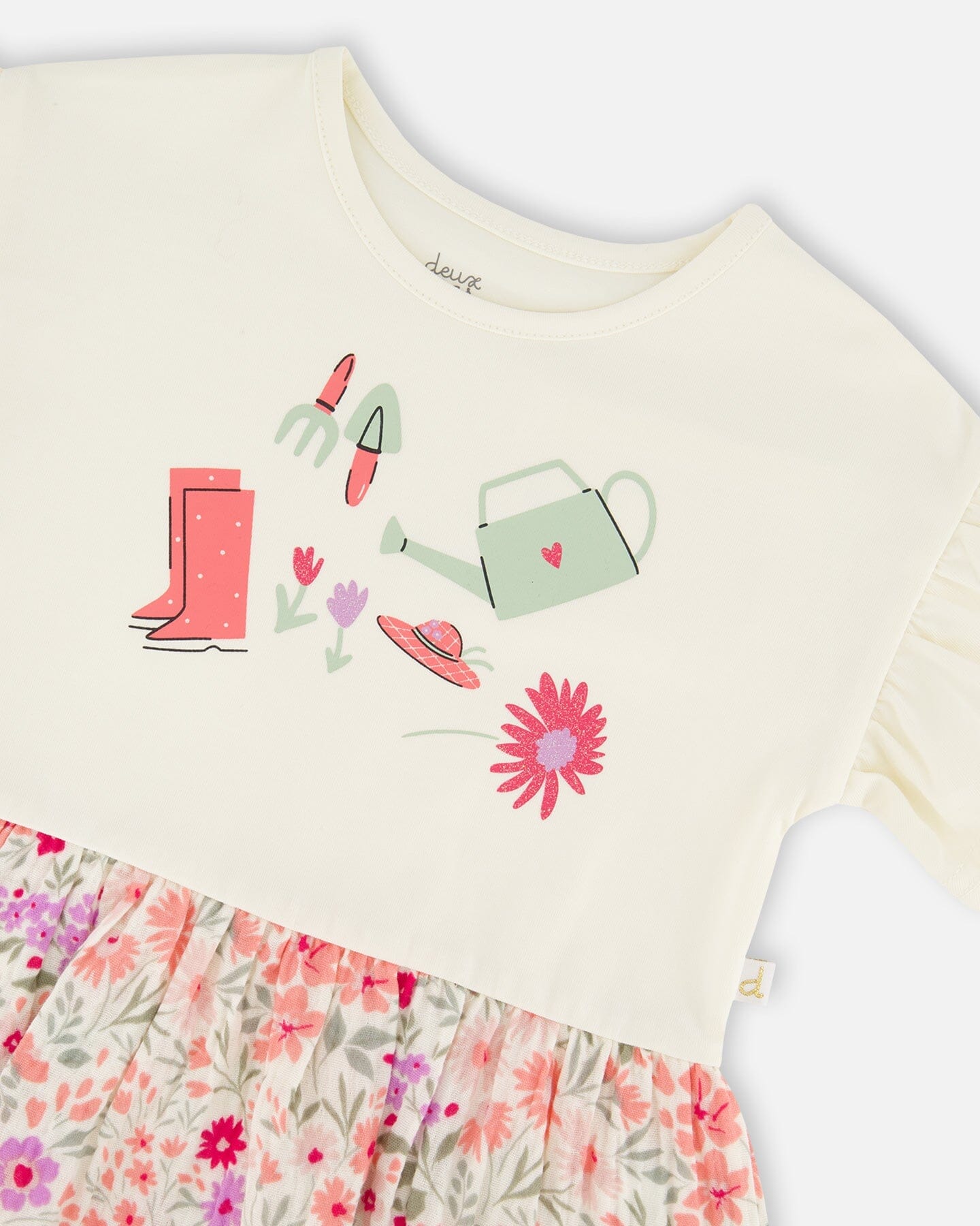 Organic Cotton Bi-Material Tunic Beige Flowers Print - Image 5