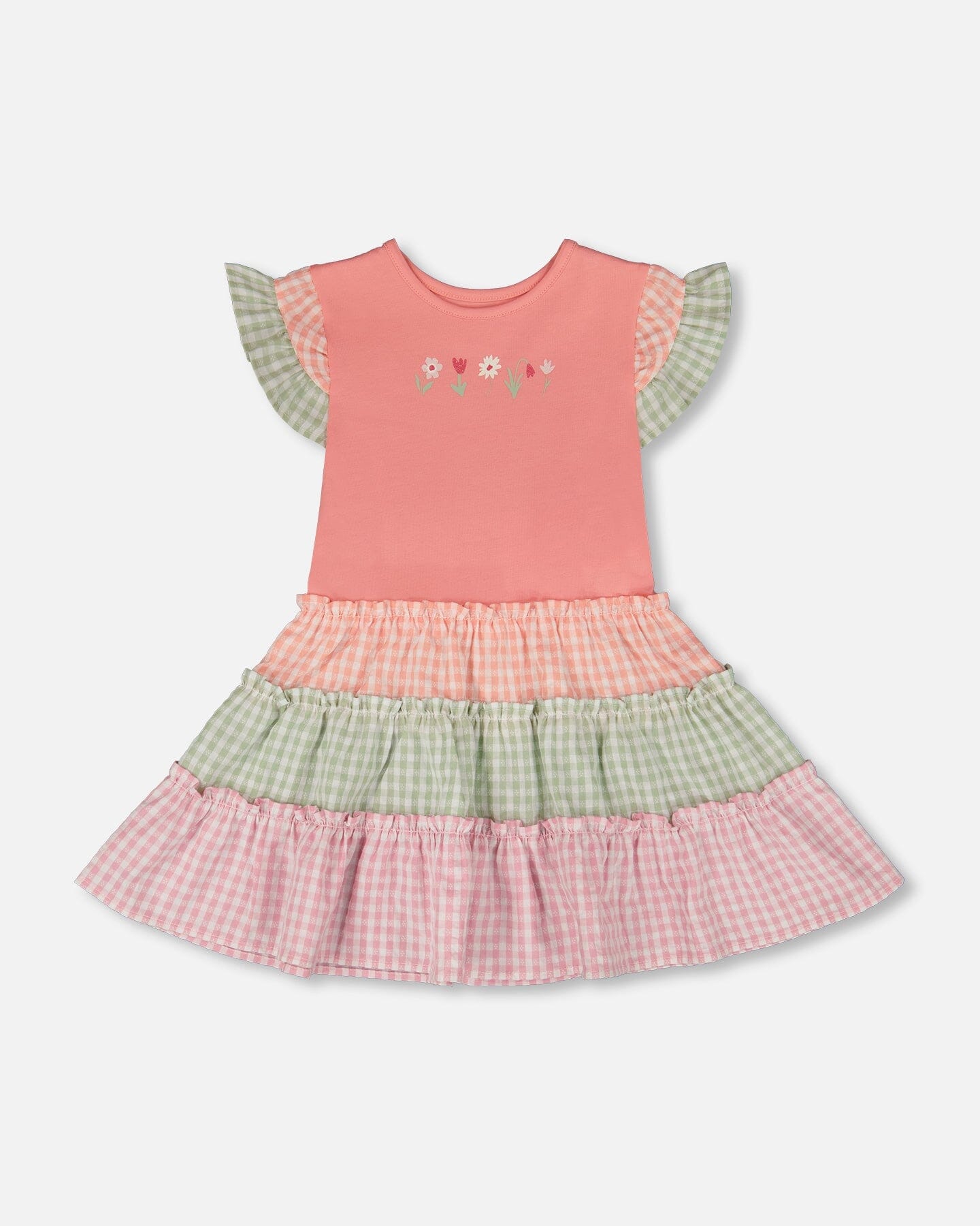 Organic Cotton Bi-Material Dress Coral And Gingham - Image 5