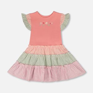 Organic Cotton Bi-Material Dress Coral And Gingham - Image 9