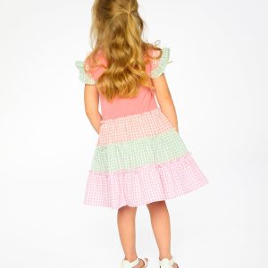 Organic Cotton Bi-Material Dress Coral And Gingham - Image 2