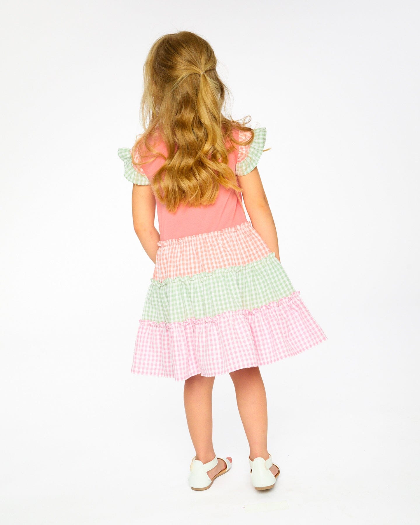 Organic Cotton Bi-Material Dress Coral And Gingham - Image 2