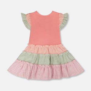 Organic Cotton Bi-Material Dress Coral And Gingham - Image 3