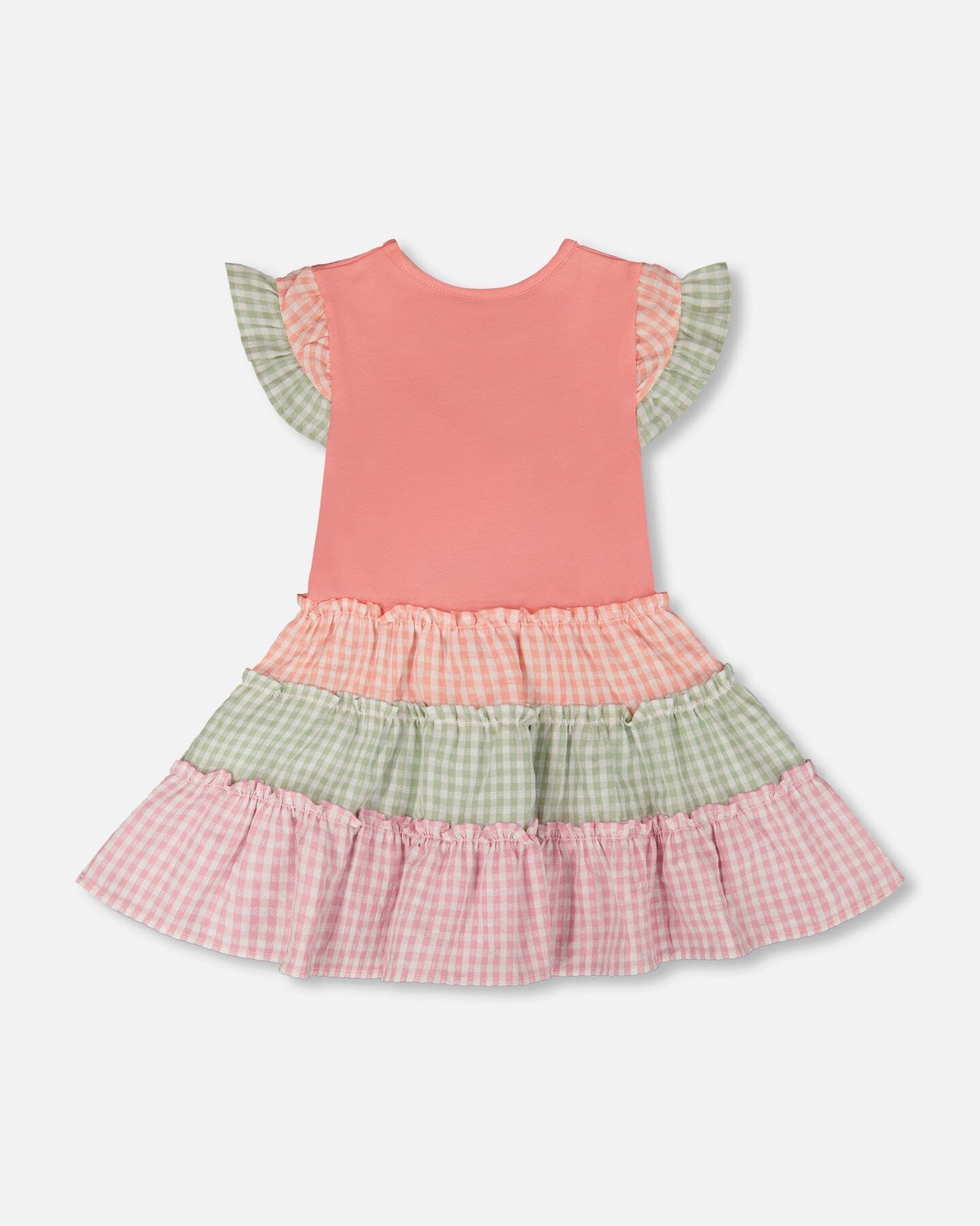 Organic Cotton Bi-Material Dress Coral And Gingham - Image 3