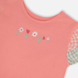 Organic Cotton Bi-Material Dress Coral And Gingham - Image 4