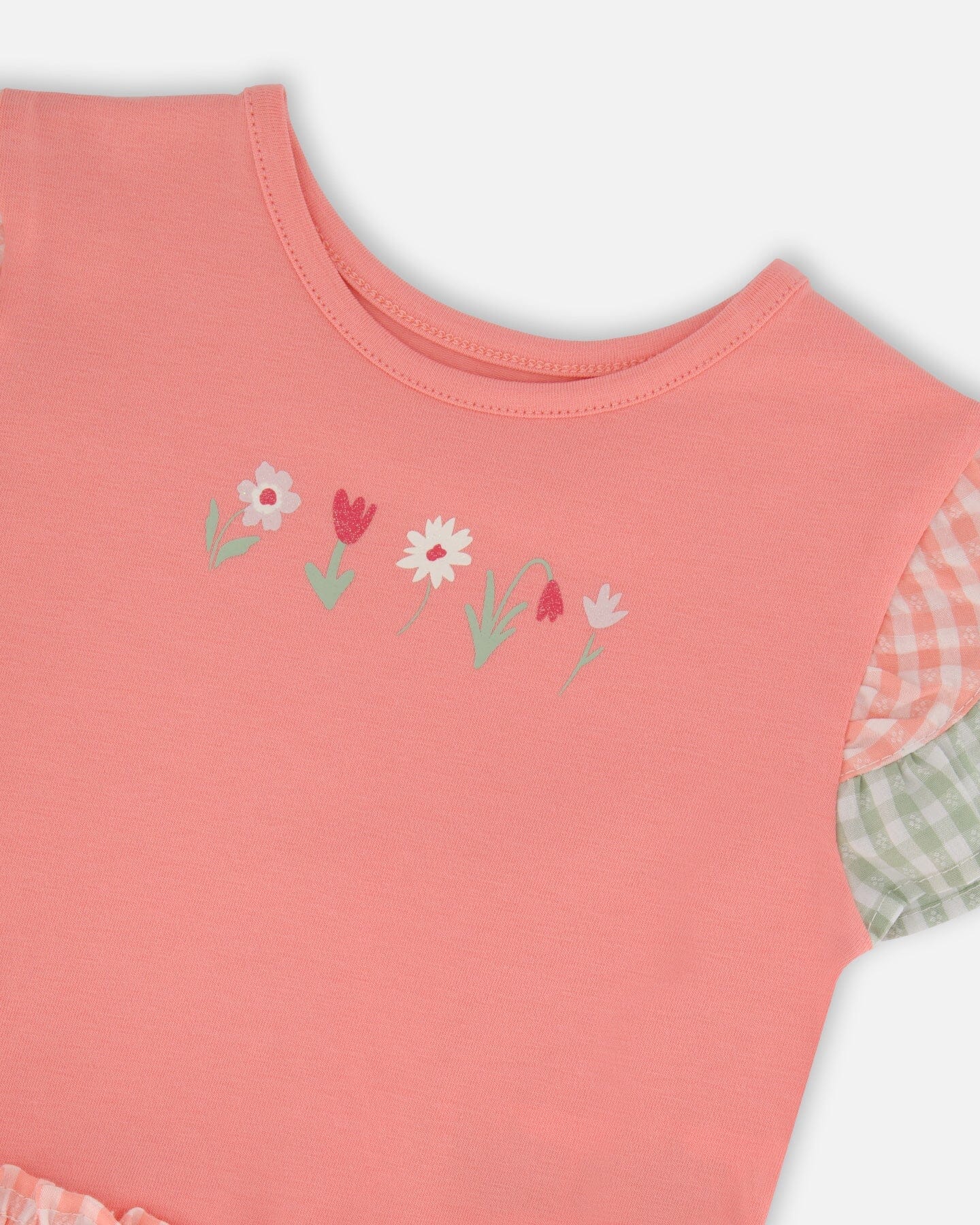 Organic Cotton Bi-Material Dress Coral And Gingham - Image 4