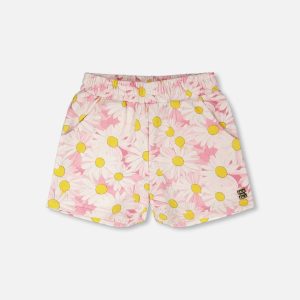 French Terry Shorts Pink Printed Daisies