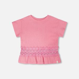 Crinkle Jersey Long T-Shirt With Crochet Insert Pink - Image 13