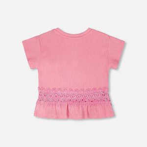 Crinkle Jersey Long T-Shirt With Crochet Insert Pink - Image 3