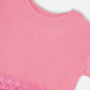 Crinkle Jersey Long T-Shirt With Crochet Insert Pink - Image 4