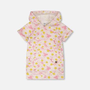 French Terry Hooded Dress Pink Printed Daisies - Image 11
