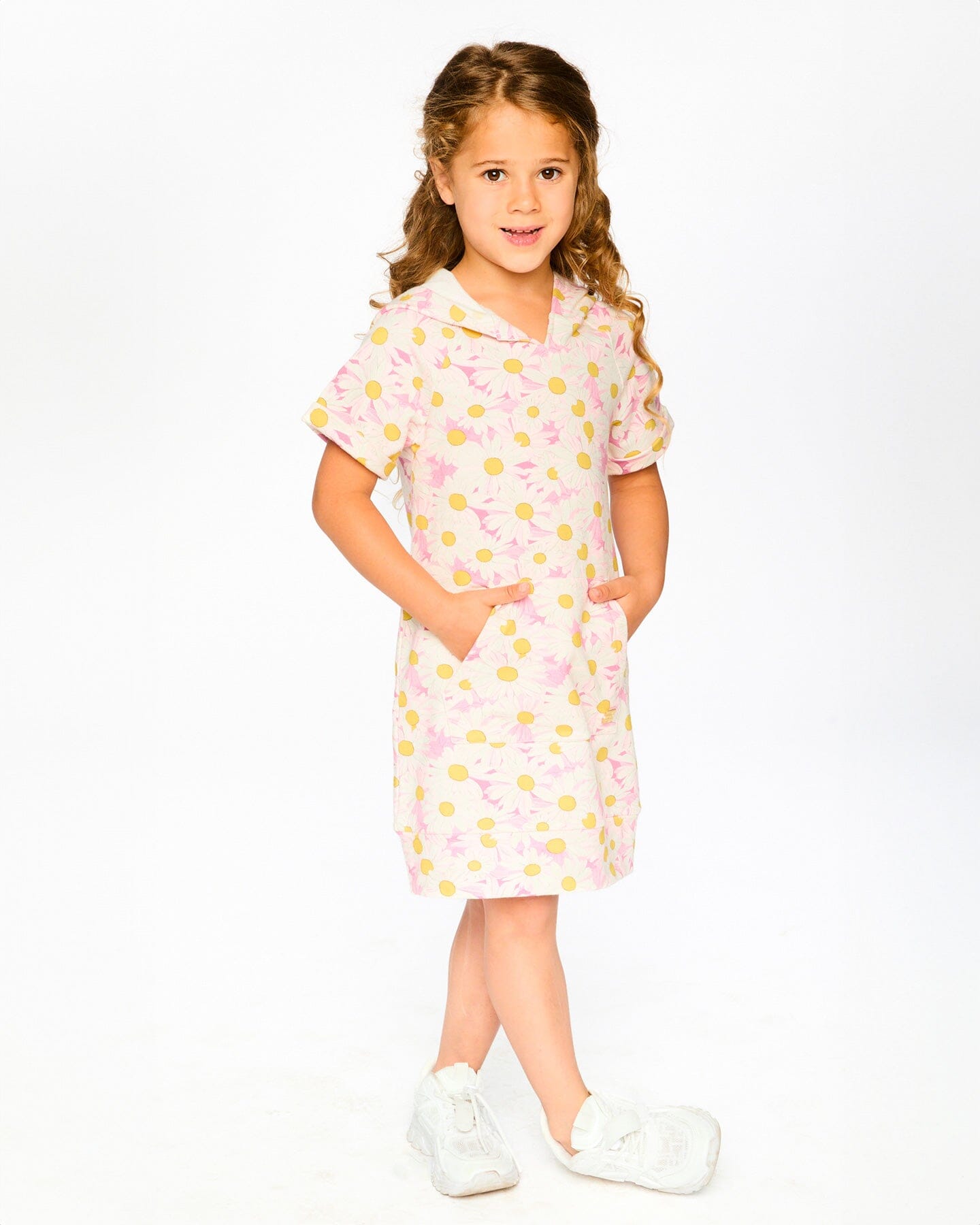 French Terry Hooded Dress Pink Printed Daisies - Image 2