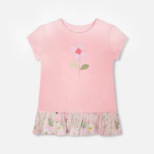 Organic Cotton Bi-Material Tunic With Ruffle Dusty Pink