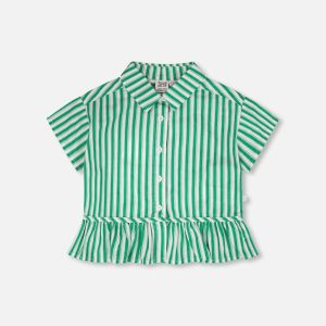 Short Sleeve Striped Button Down Shirt Green