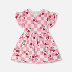 Organic Cotton Jersey Dress Pink Printed Cherries