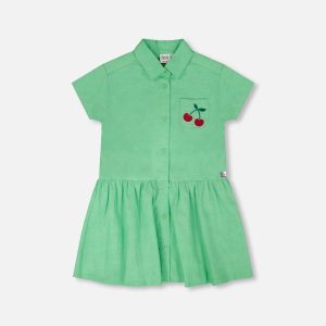 Cotton Shirt Dress With Embroidery Green