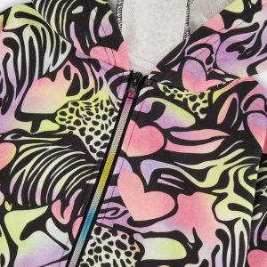 Zip Front French Terry Hoodie Black Printed Multicolor - Image 4