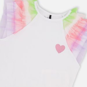 Organic Cotton Jersey T-Shirt White With Multicolor Mesh Sleeves - Image 4