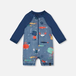 Baby And Toddler One-Piece Long Sleeve Rashguard Blue Printed Marine Animals - Image 6