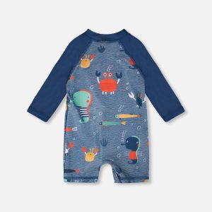 Baby And Toddler One-Piece Long Sleeve Rashguard Blue Printed Marine Animals - Image 4