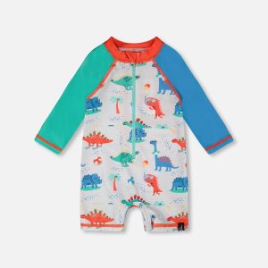 Baby And Toddler One-Piece Long Sleeve Rashguard Grey Baby Dinosaur Print - Image 8