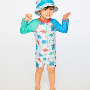 Baby And Toddler One-Piece Long Sleeve Rashguard Grey Baby Dinosaur Print - Image 4