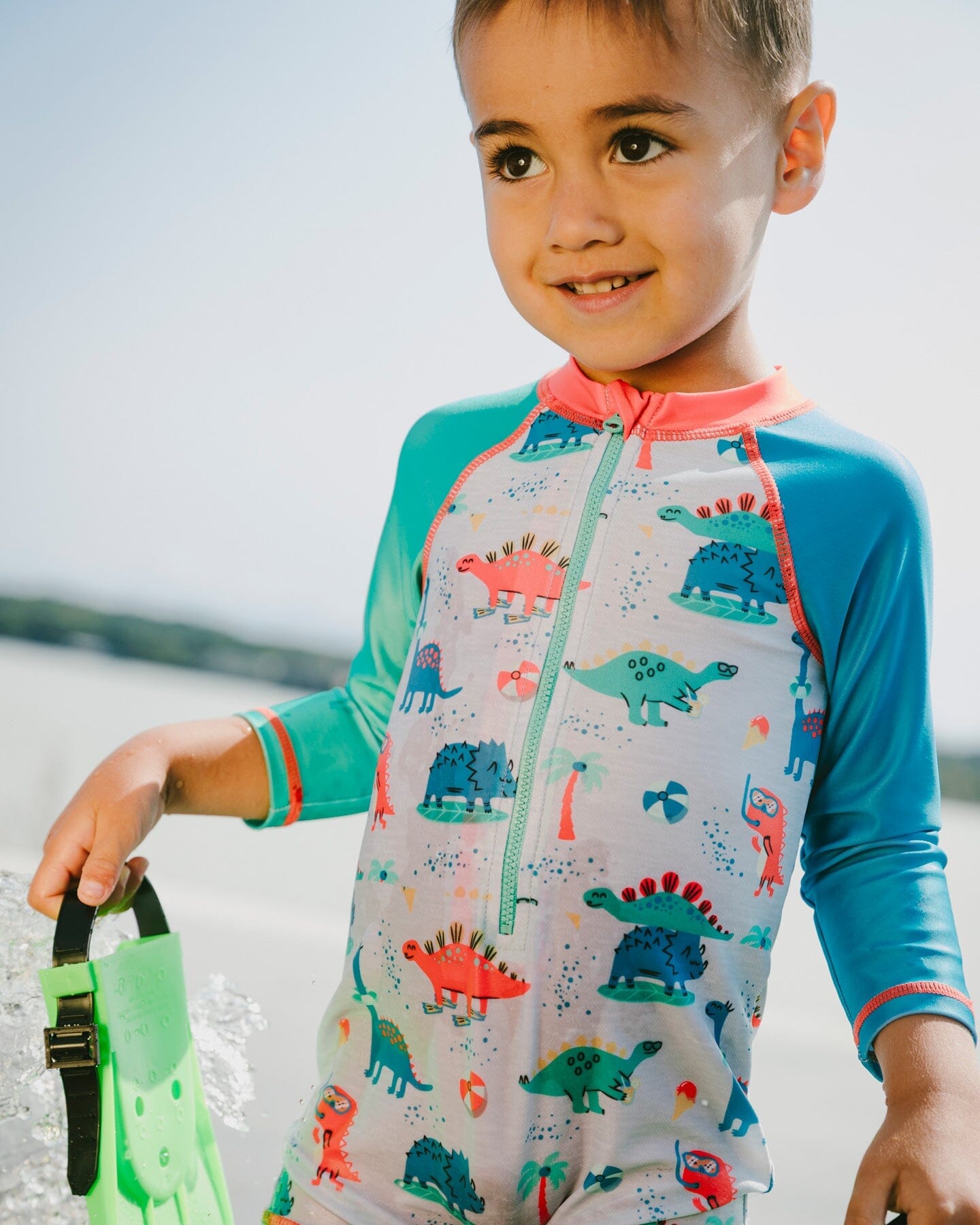 Baby And Toddler One-Piece Long Sleeve Rashguard Grey Baby Dinosaur Print - Image 2