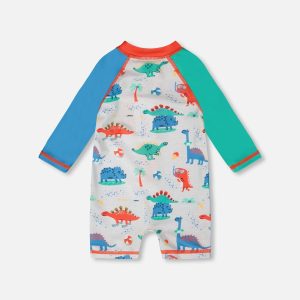 Baby And Toddler One-Piece Long Sleeve Rashguard Grey Baby Dinosaur Print - Image 5