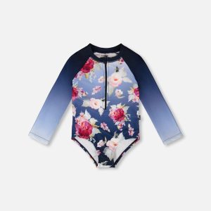 One-Piece Long Sleeve Rashguard Blue Rose Print