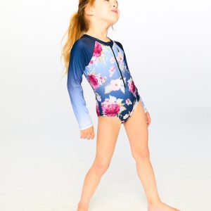 One-Piece Long Sleeve Rashguard Blue Rose Print - Image 3