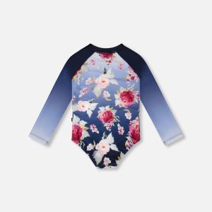 One-Piece Long Sleeve Rashguard Blue Rose Print - Image 4