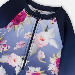 One-Piece Long Sleeve Rashguard Blue Rose Print - Image 5