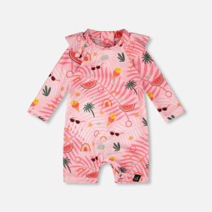 Baby And Toddler One-Piece Long Sleeve Rashguard Pink Beach Print - Image 11