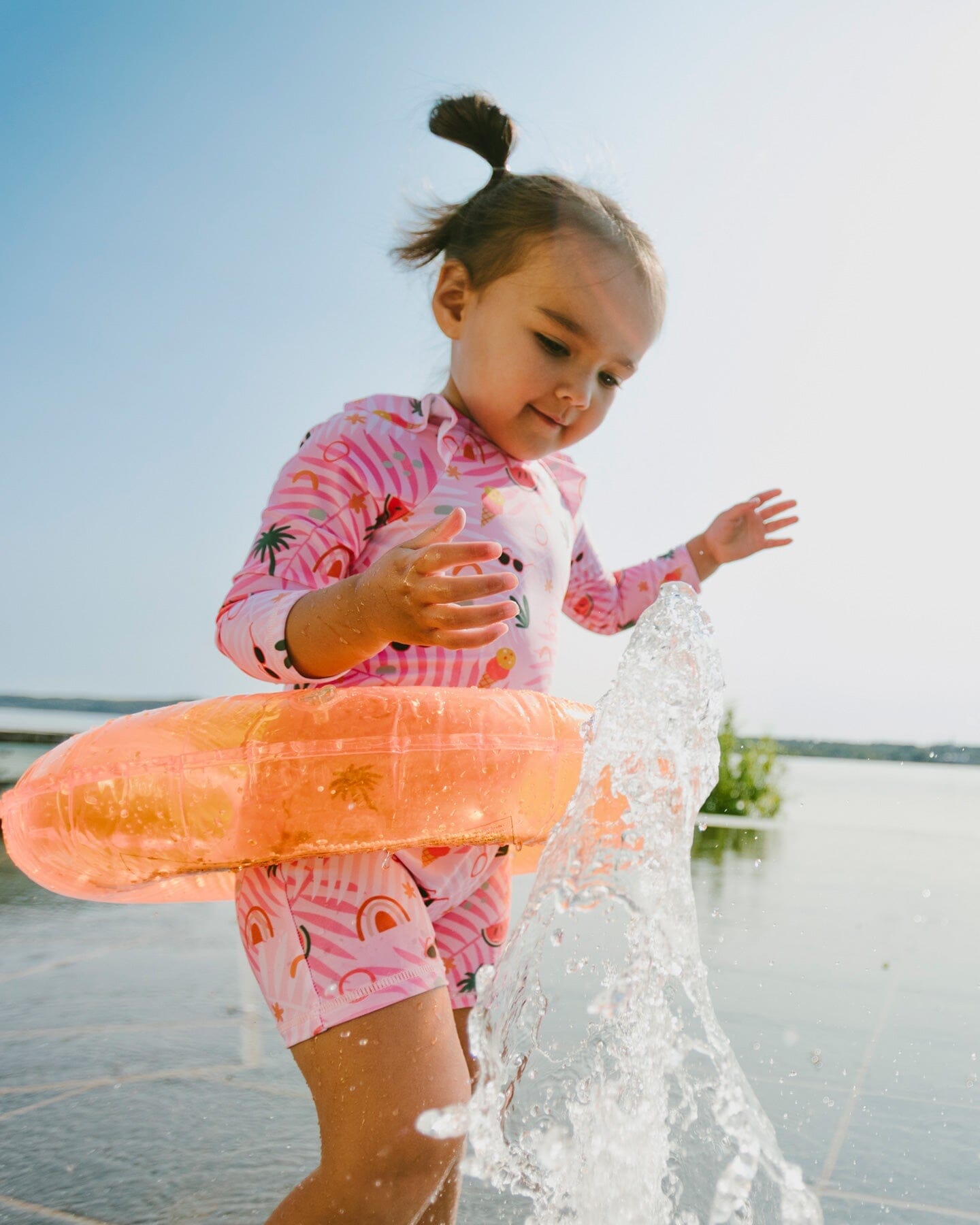 Baby And Toddler One-Piece Long Sleeve Rashguard Pink Beach Print - Image 2