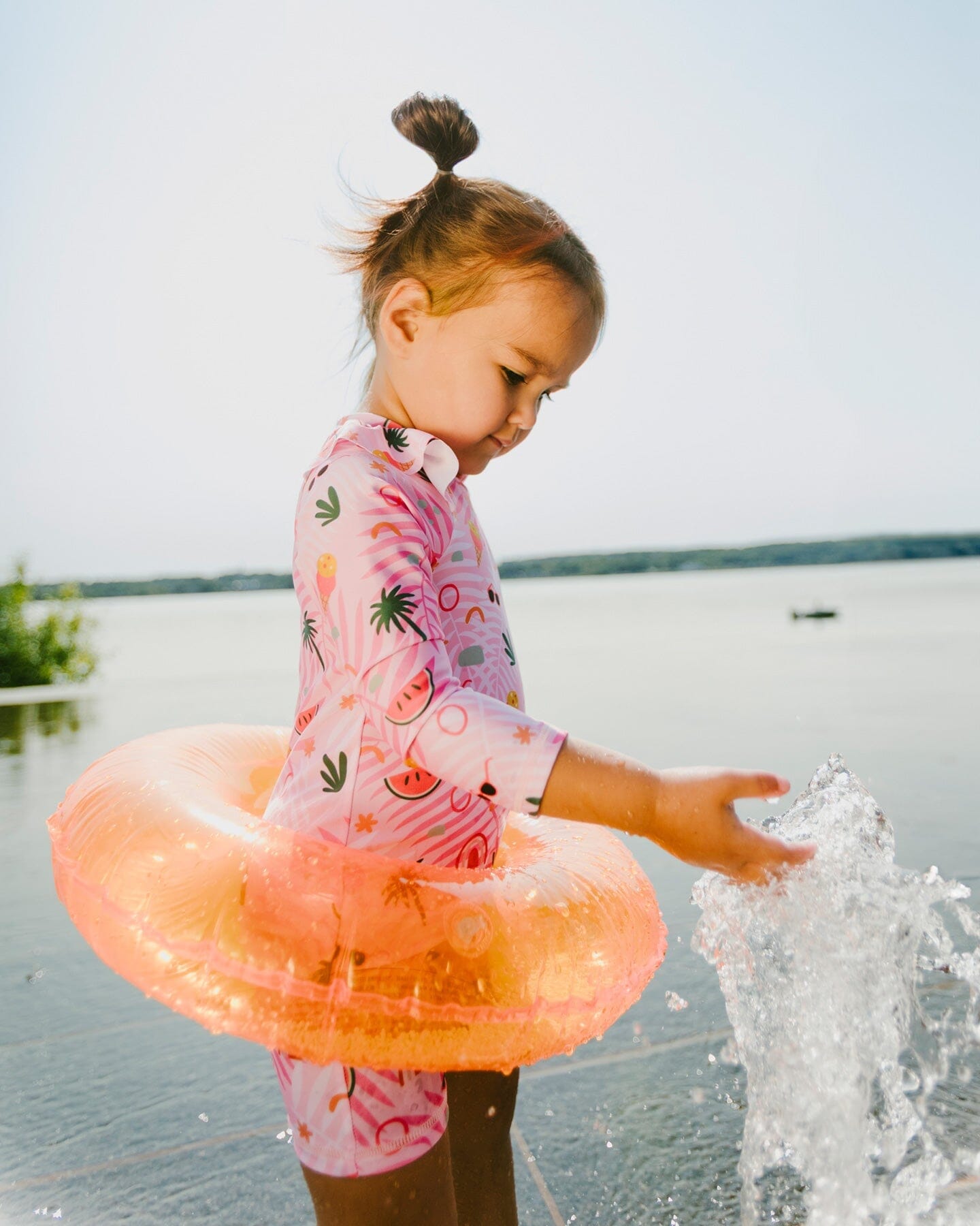 Baby And Toddler One-Piece Long Sleeve Rashguard Pink Beach Print - Image 3