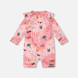Baby And Toddler One-Piece Long Sleeve Rashguard Pink Beach Print - Image 5