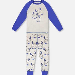 Organic Cotton Two-Piece Pyjama Set Grey Mix Monster Print