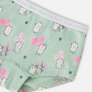 Organic Cotton Boyshort Panty Green Kitten Print - Image 3