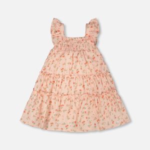 Multi-Tiered Dress With Smocking Pink Printed Flowers - Image 6