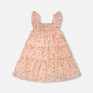 Multi-Tiered Dress With Smocking Pink Printed Flowers - Image 3
