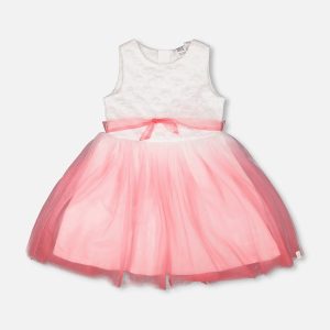 Bi-Material Pleated Mesh Dress White And Pink