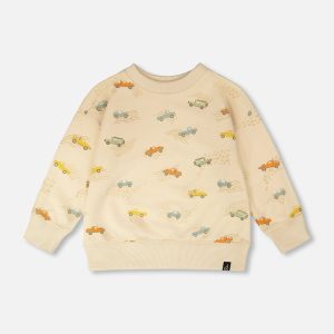 Deux par Deux beige French terry sweatshirt with all‑over jeep print for kids